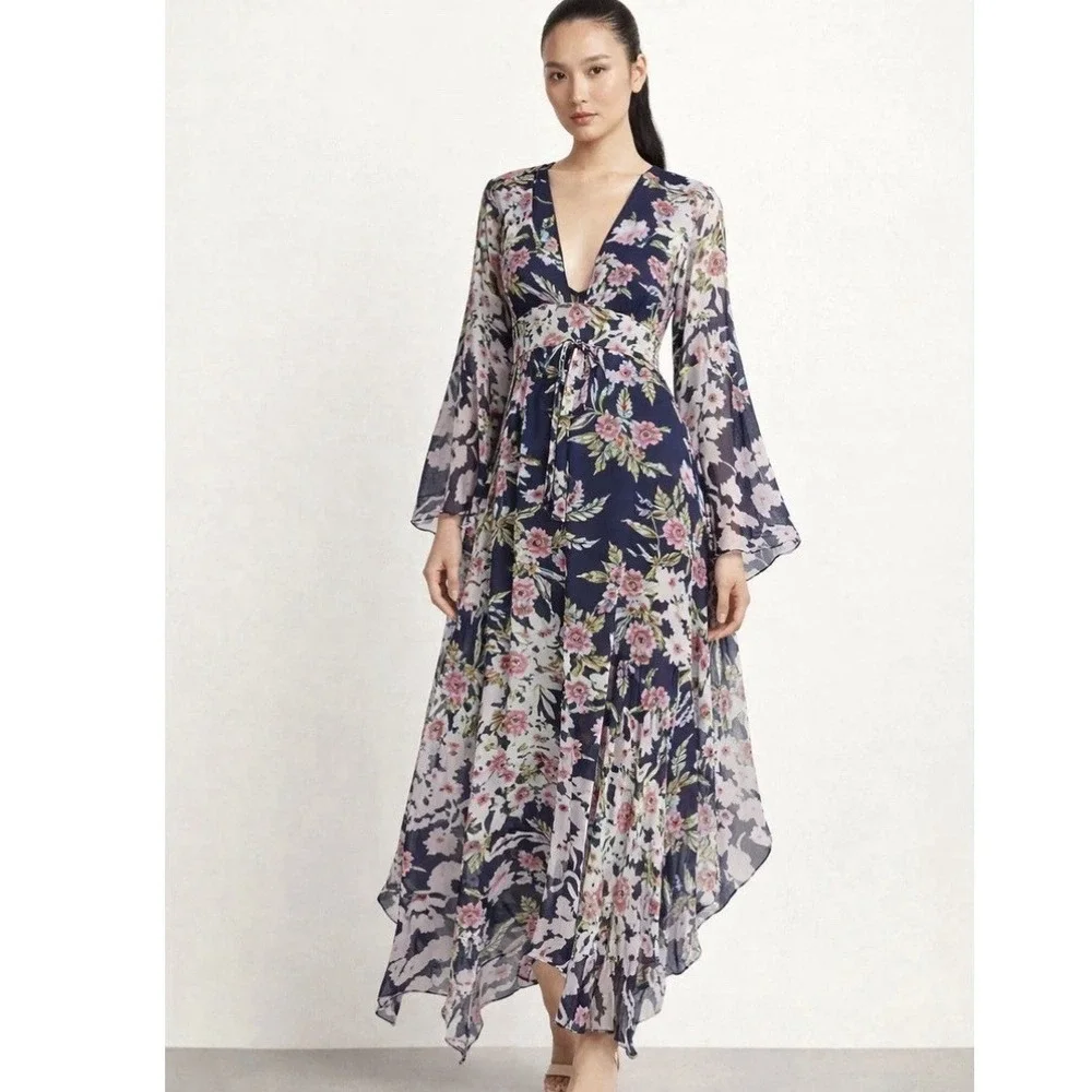 BCBGMAXAZRIA Navy Floral Silk Maxi Dress XXS Spring Wedding Guest Graduation